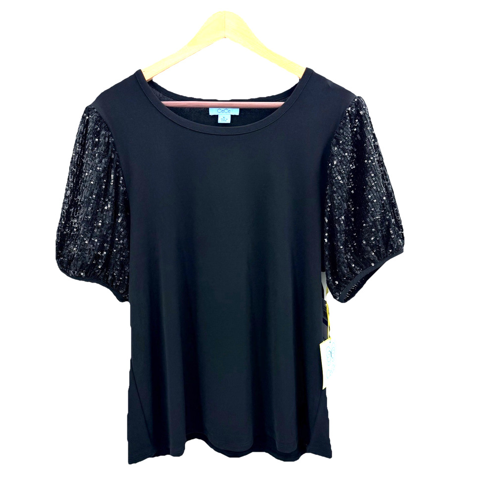 CeCe Black Sequined Puff Sleeve Short Sleeve Top Womens Size XL NWT